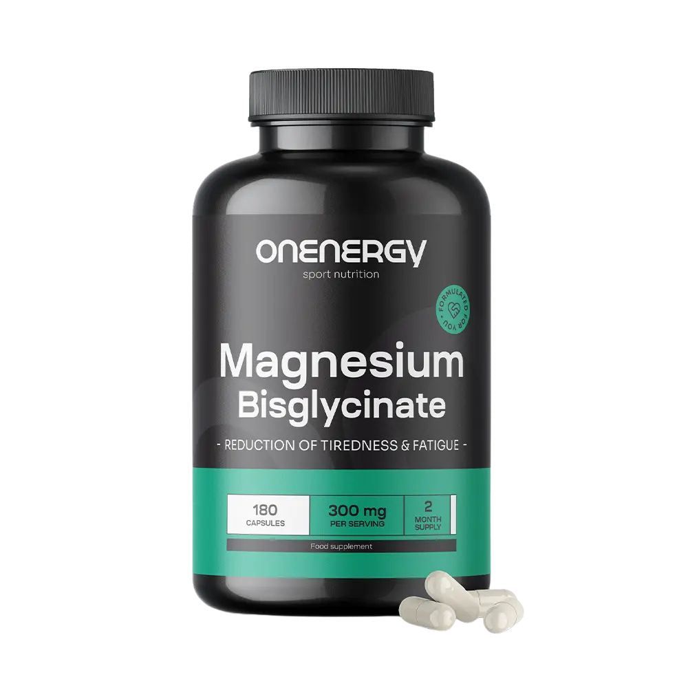 Schwarze Flasche mit "Onenergy Magnesiumbisglycinat". 180 Kapseln, 300 mg pro Portion. Grüne Akzente. Kapseln liegen daneben.
