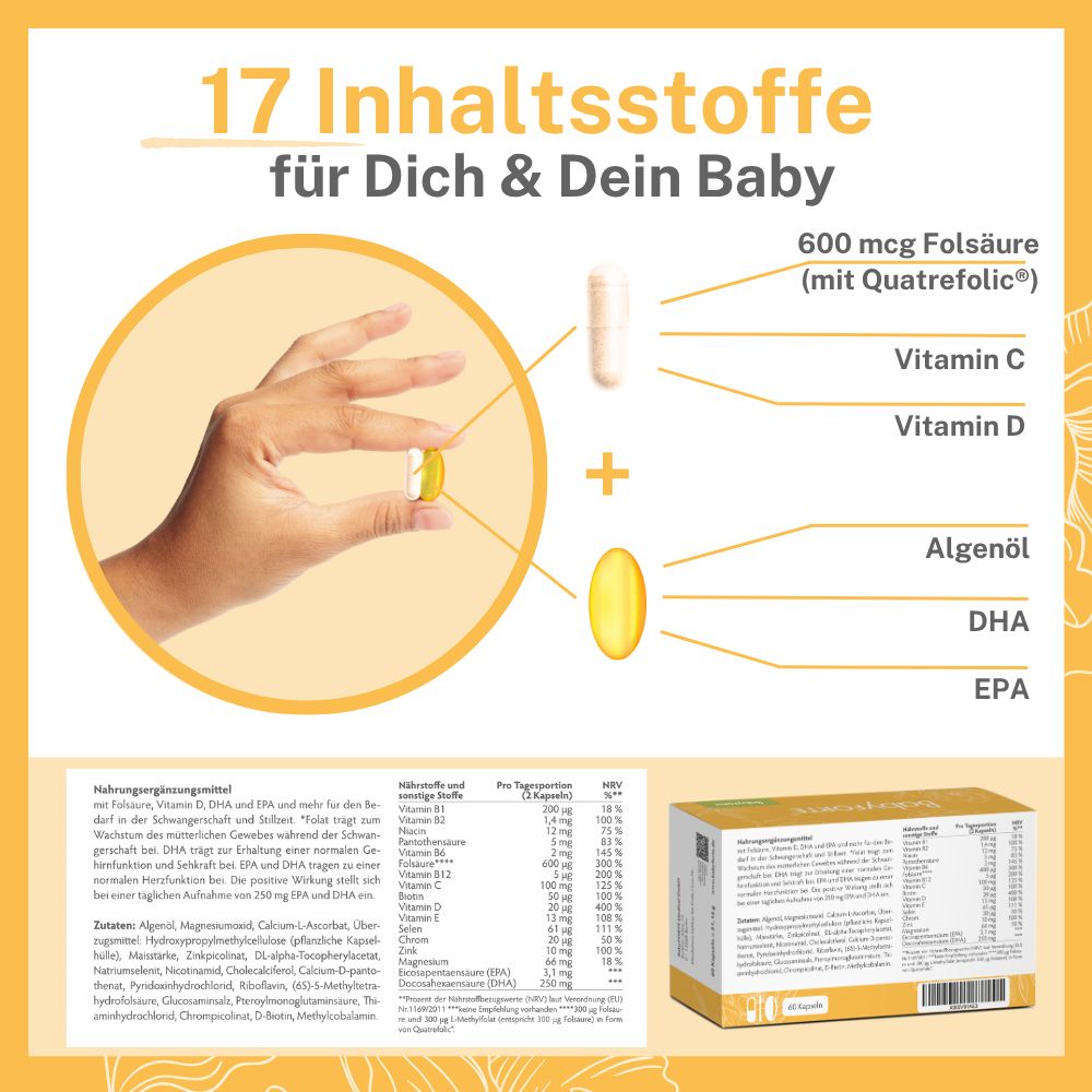 Grafik mit Hand, Kapseln und Inhaltsstoffen. Text: 17 Inhaltsstoffe für Dich & Dein Baby, 600 mcg Folsäure (mit Quatrefolic), Vitamin C, Vitamin D, Algenöl, DHA, EPA.