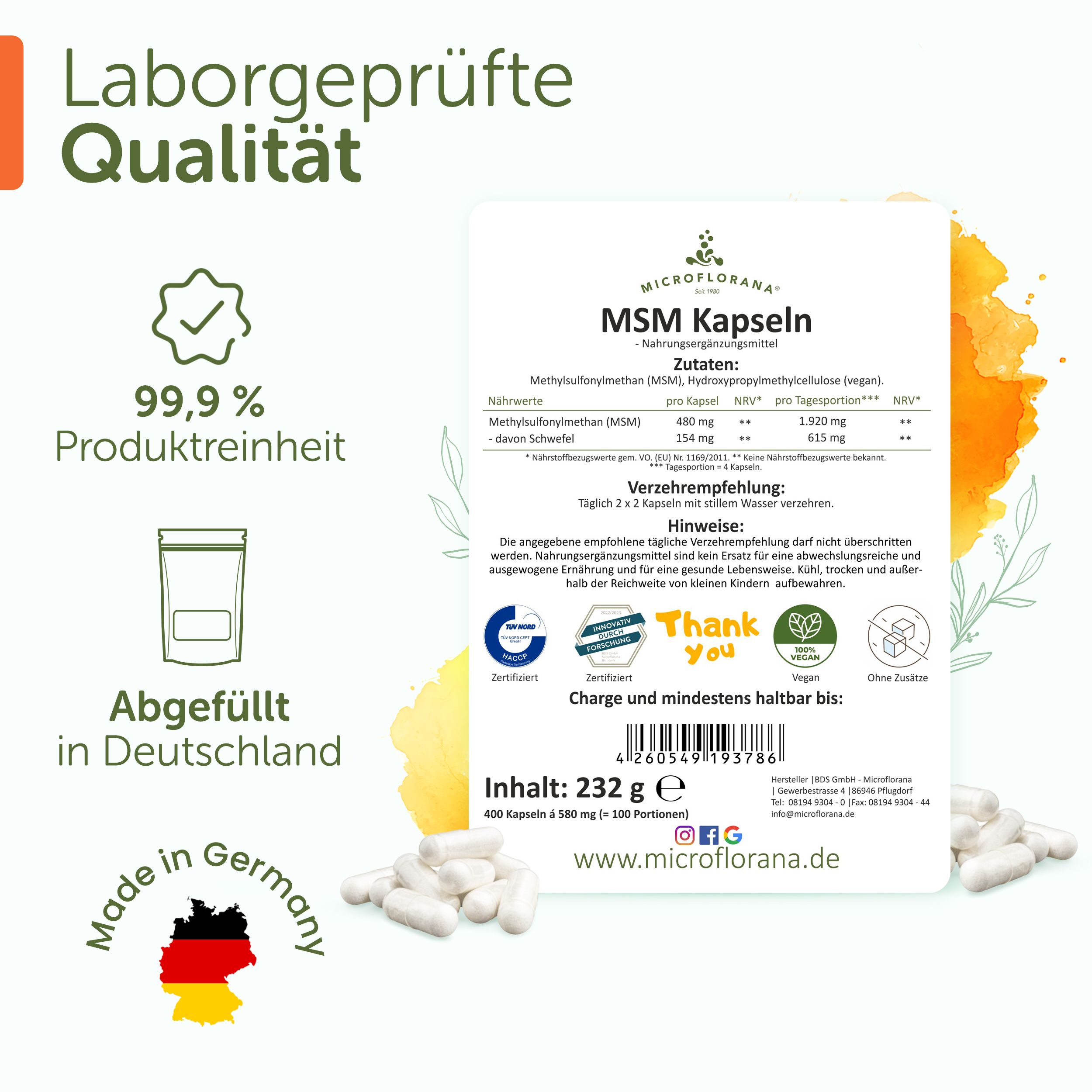Etikett mit MSM Kapseln. Text: Laborgeprüfte Qualität, 99,9% Produktreinheit. Abgefüllt in Deutschland. Inhaltsstoffe, Verzehrempfehlung.