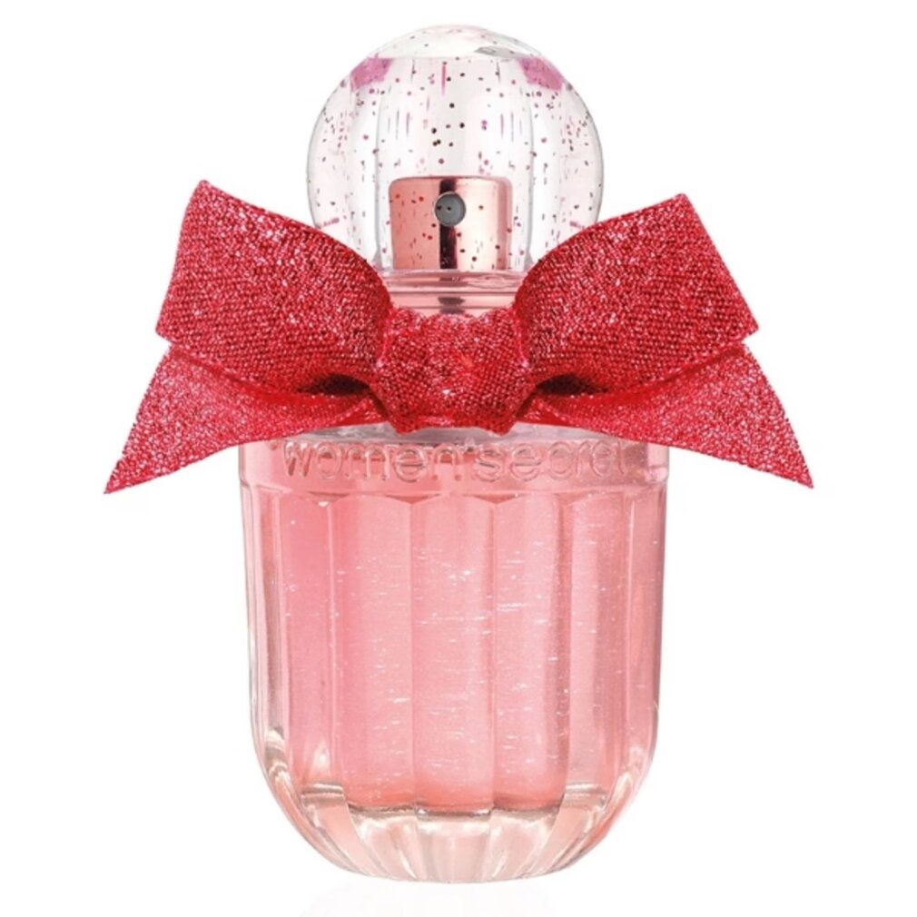Parfümflakon mit roter Schleife und Glitzer. Der Flakon ist aus Glas und enthält rosa Parfüm.