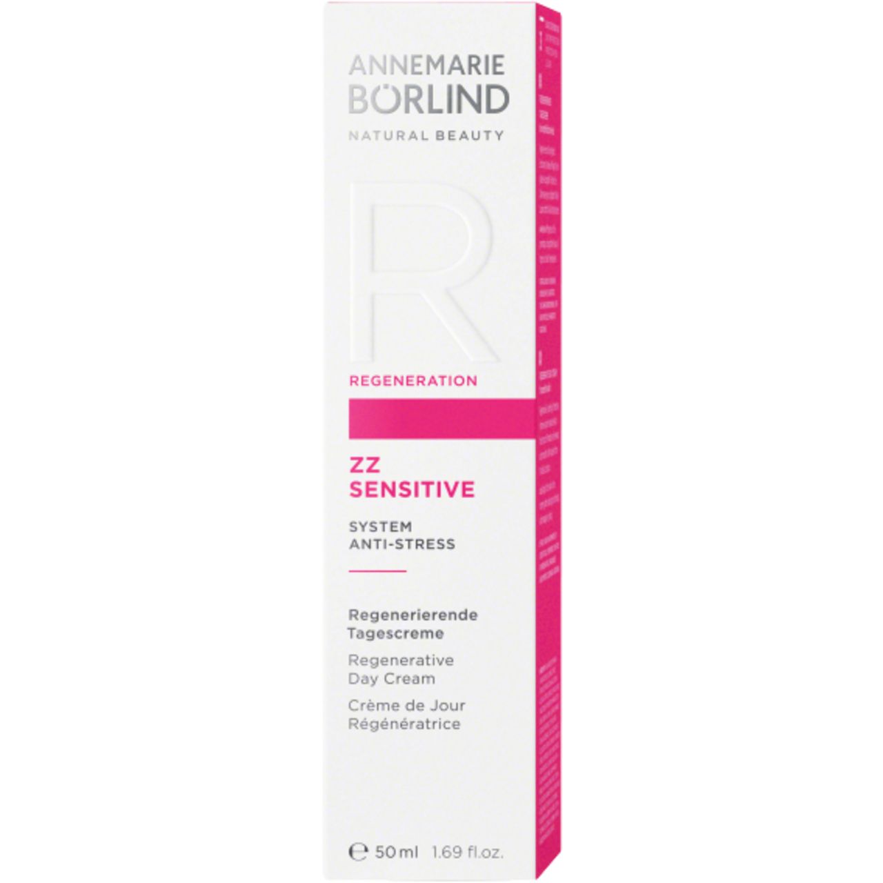 Weiße Verpackung mit rosa Akzenten. Aufschrift: ANNEMARIE BÖRLIND, ZZ SENSITIVE, Regenerierende Tagescreme. 50 ml.