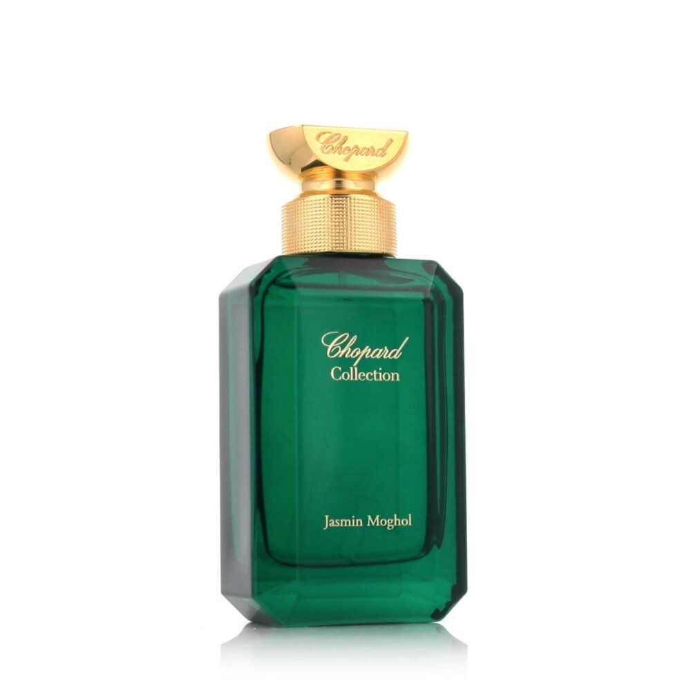 Grüner Flakon mit goldfarbenem Verschluss. Aufschrift: Chopard Collection Jasmin Moghol.