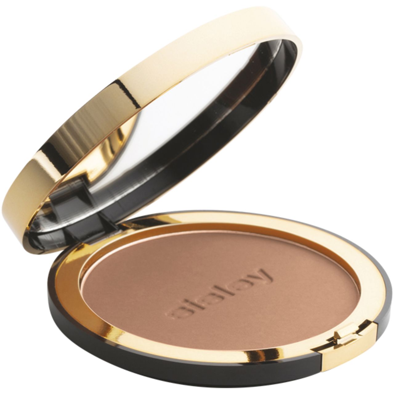 Kompaktpuder mit Spiegel. Goldfarbener Rahmen, schwarzer Boden. Aufschrift Sisley.