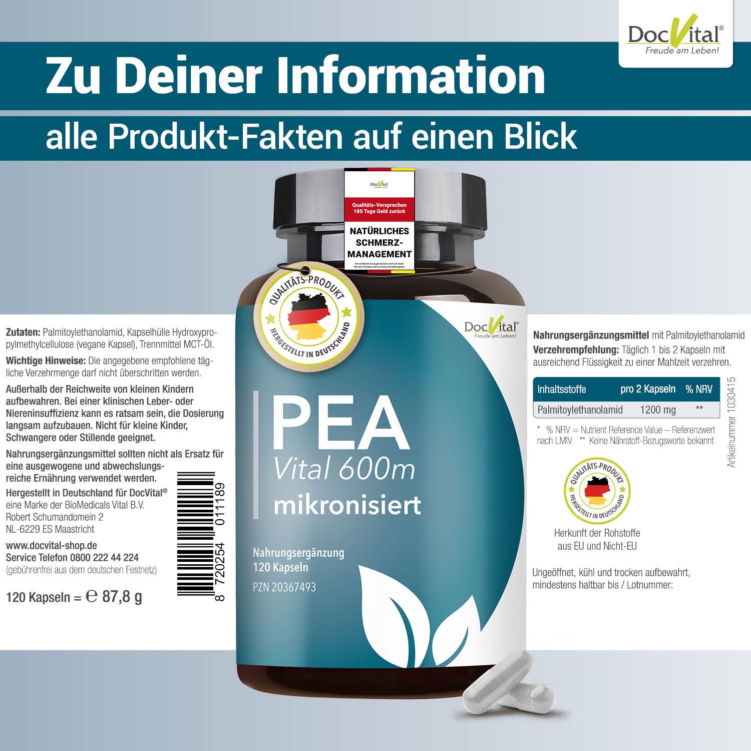 Flasche DocVital PEA Vital 600mg mikronisiert, 120 Kapseln, mit Siegel 'Hergestellt in Deutschland'.