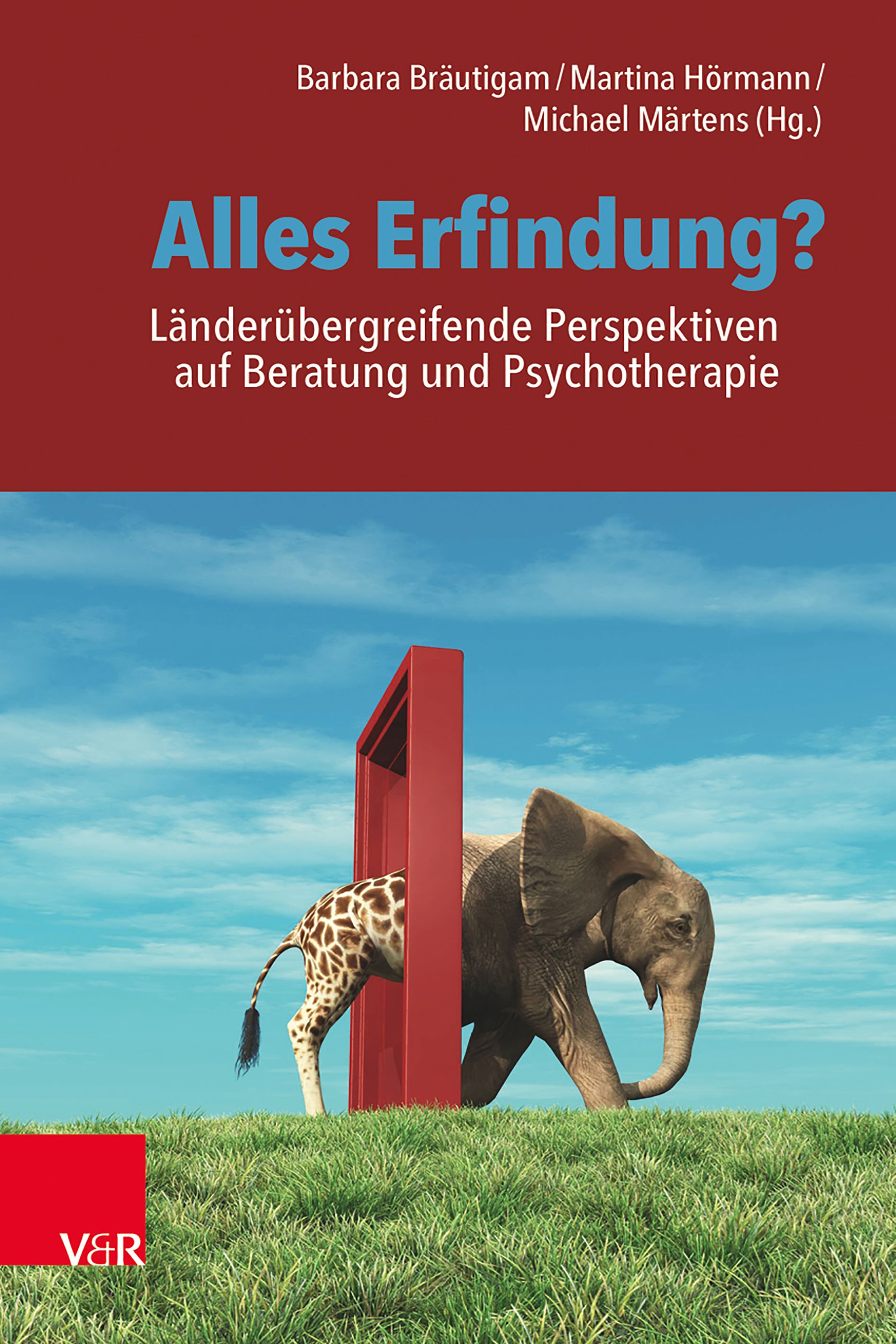 Buchcover: Alles Erfindung? Titel in Blau, Autorennamen oben. Giraffe und Elefant in rotem Rahmen auf Wiese.
