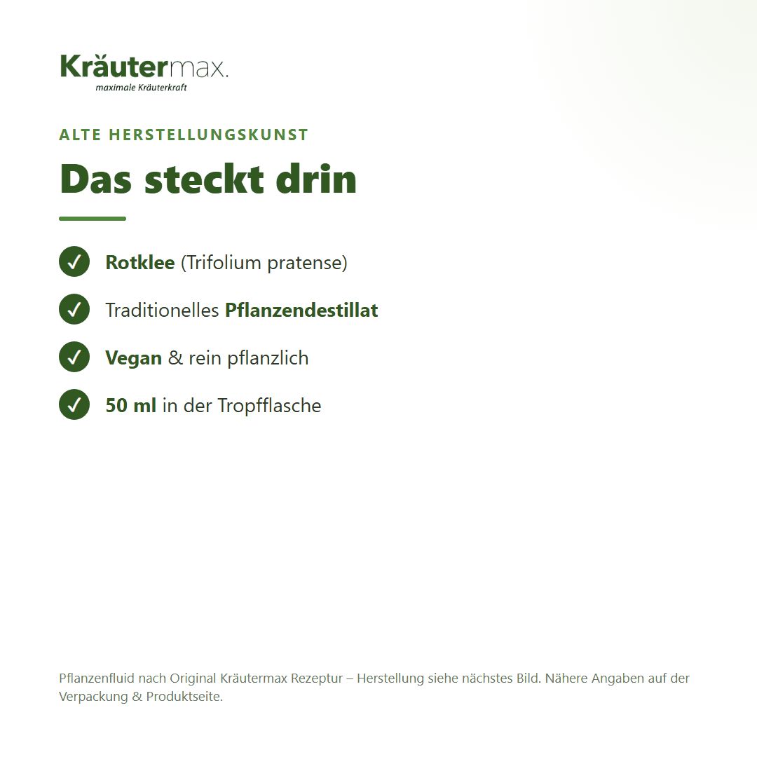 Kräutermax Rotklee Fluid: Enthält Rotklee, traditionelles Destillat, vegan, 50 ml in Tropfflasche.