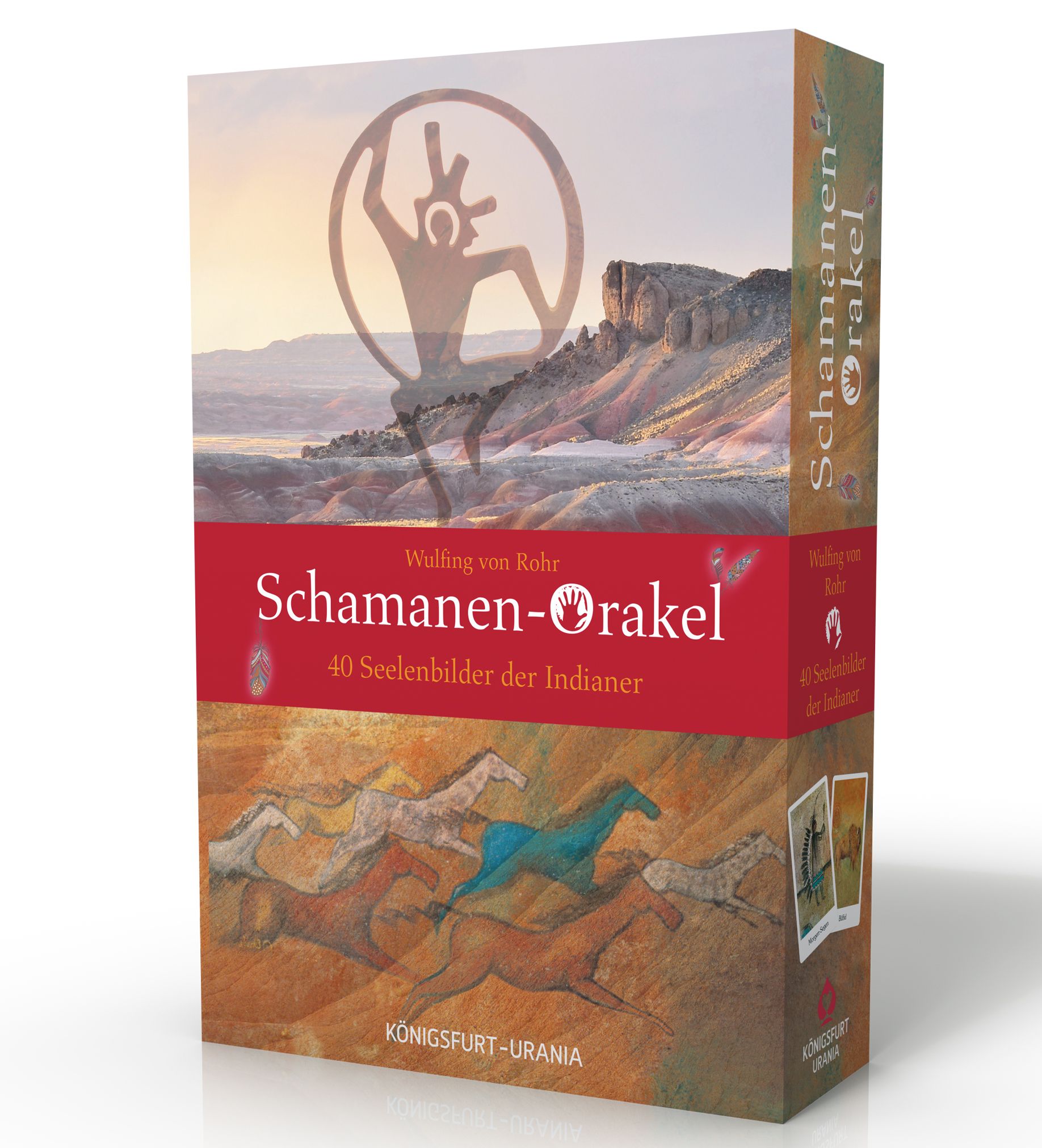 Buchbox mit Titel "Schamanen-Orakel". Roter Balken mit Titel, darunter "40 Seelenbilder der Indianer". Illustration von Pferden.