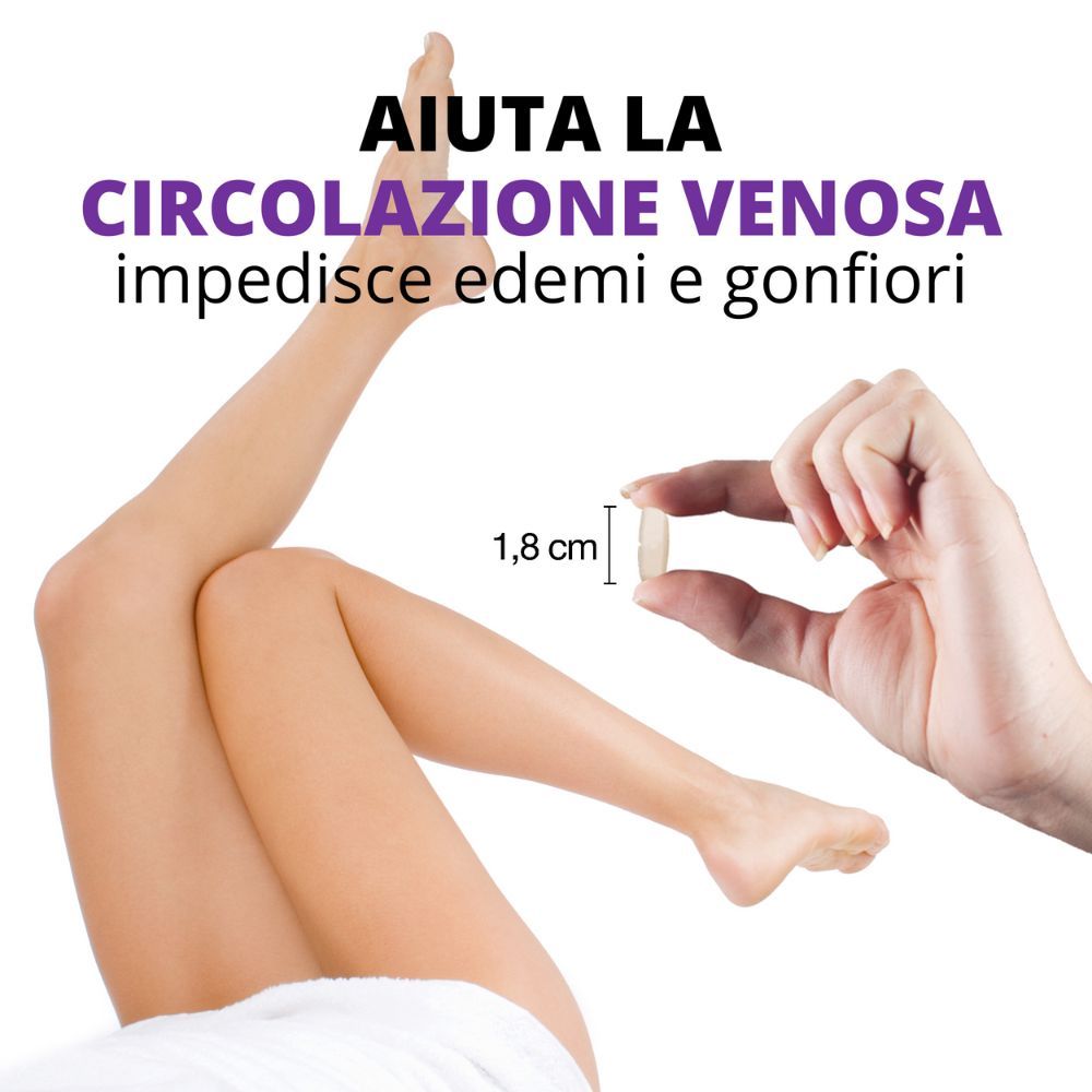 Mano che tiene una compressa, accanto a una gamba. Testo: Aiuta la circolazione venosa, previene edemi e gonfiori. 1,8 cm.