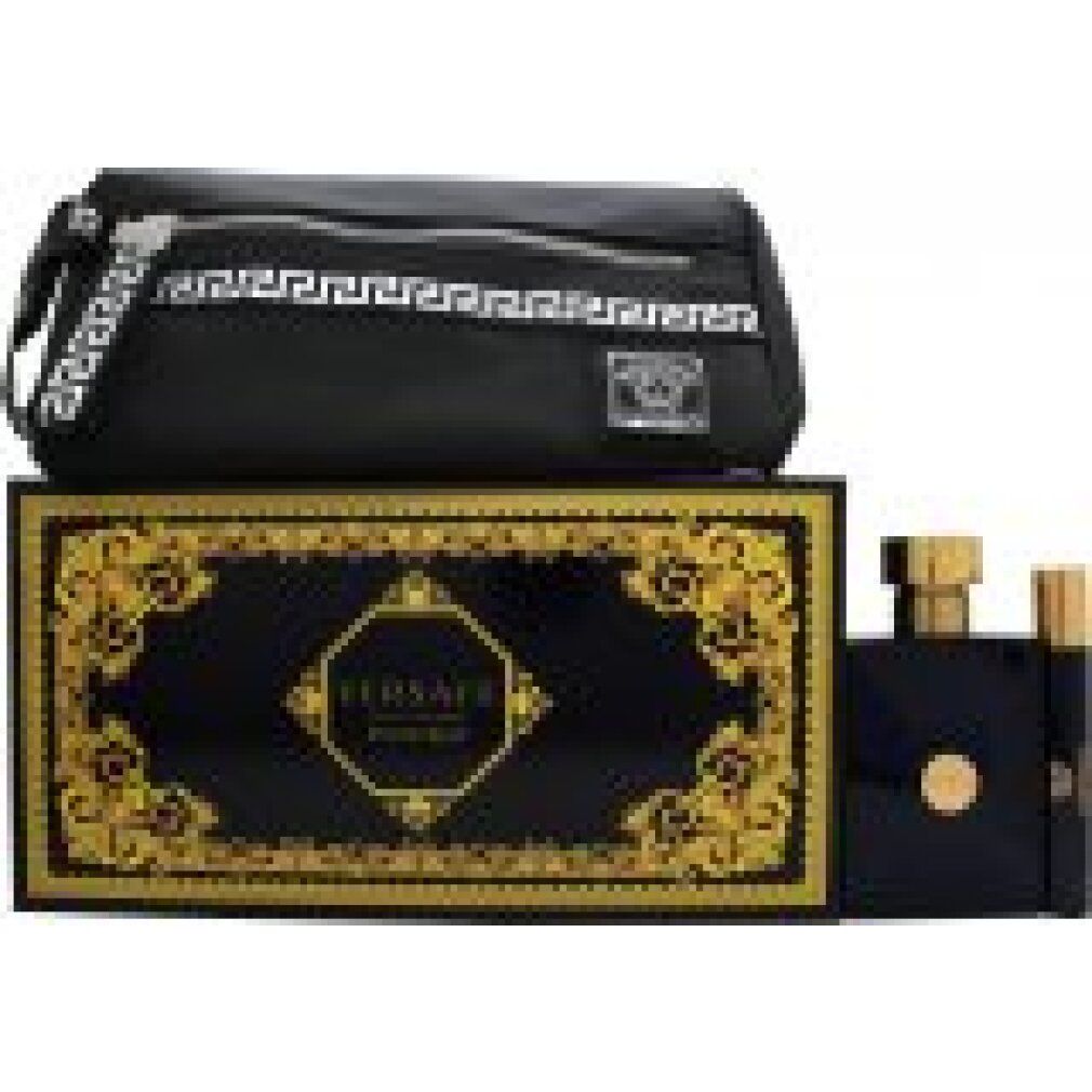 Geschenkset mit Flakon, Miniatur und schwarzer Tasche. Schwarze Verpackung mit goldenen Verzierungen. Flakon blau.