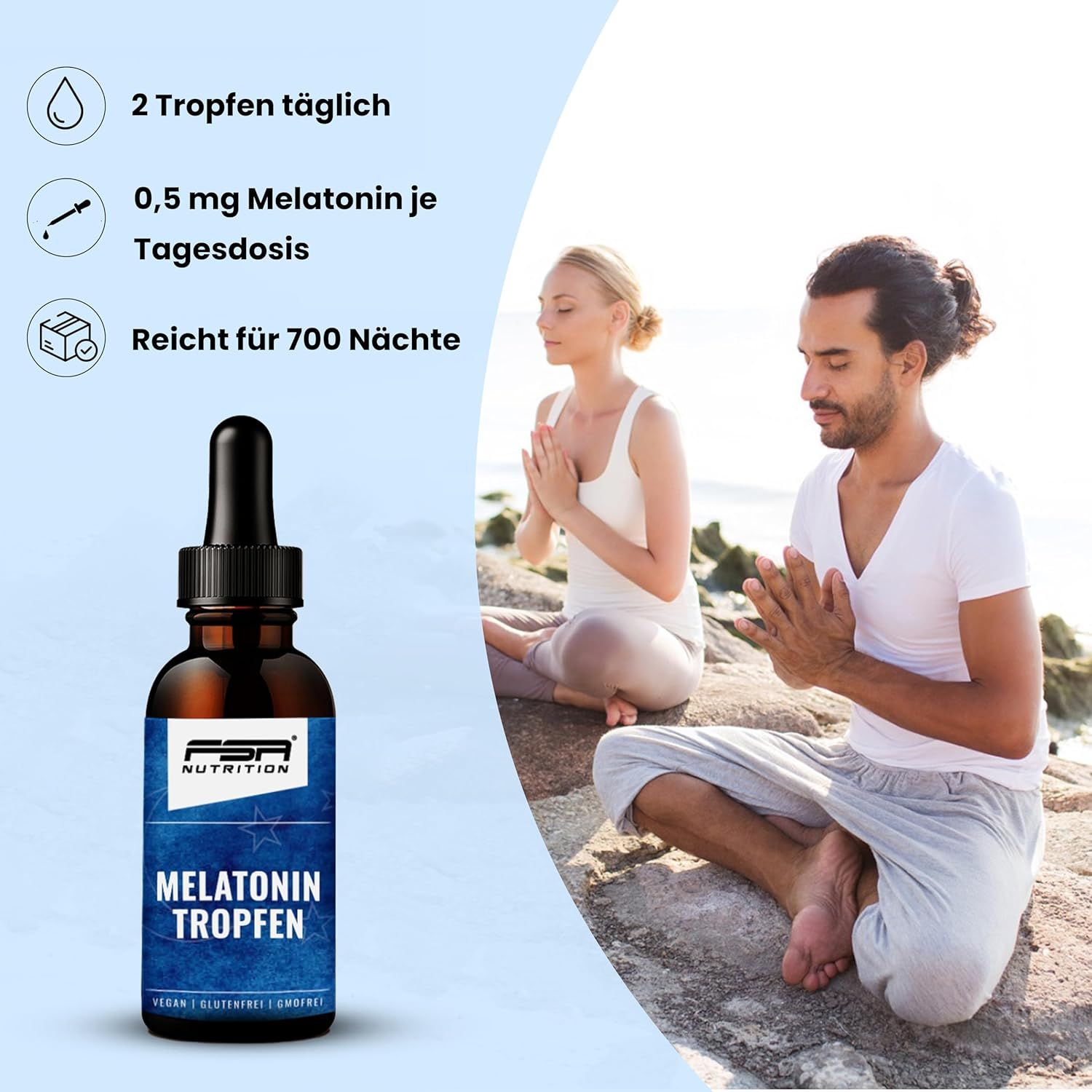 Melatonin Tropfen Flasche von FSA NUTRITION. Braune Flasche mit weißem Etikett. Zwei Personen meditieren im Hintergrund.
