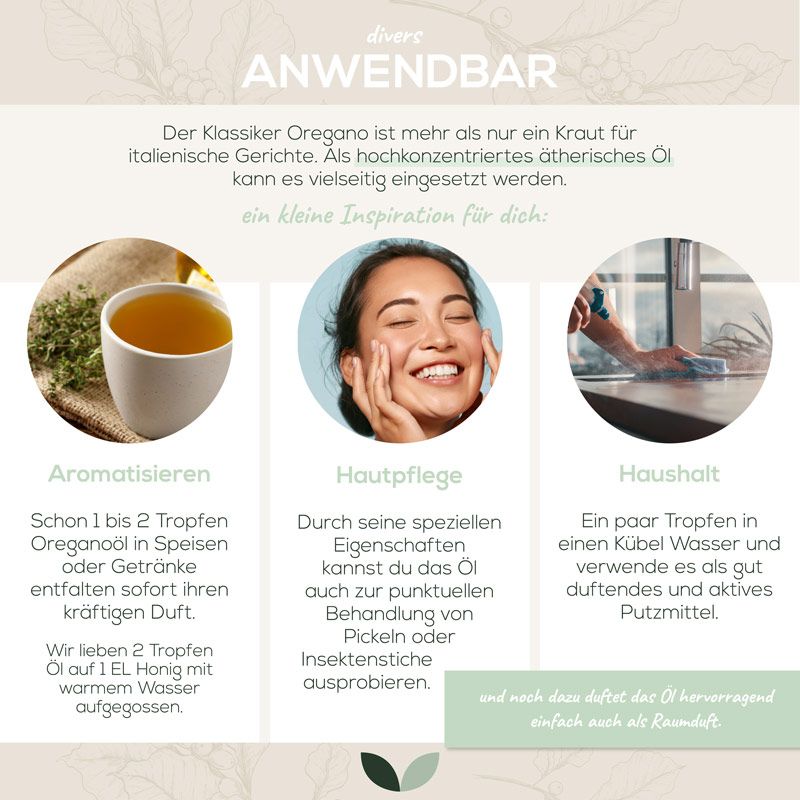 Verschiedene Anwendungen von Oreganoöl: Aromatisieren, Hautpflege, Haushalt. Abgebildet sind eine Tasse, eine Frau und ein Putzlappen.
