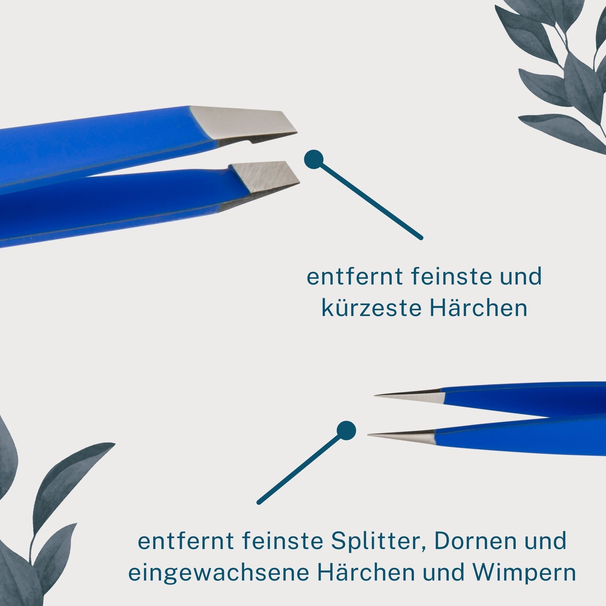 Nahaufnahme zweier blauer Pinzetten mit silbernen Spitzen. Text: "remos", "entfernt feinste... Härchen".