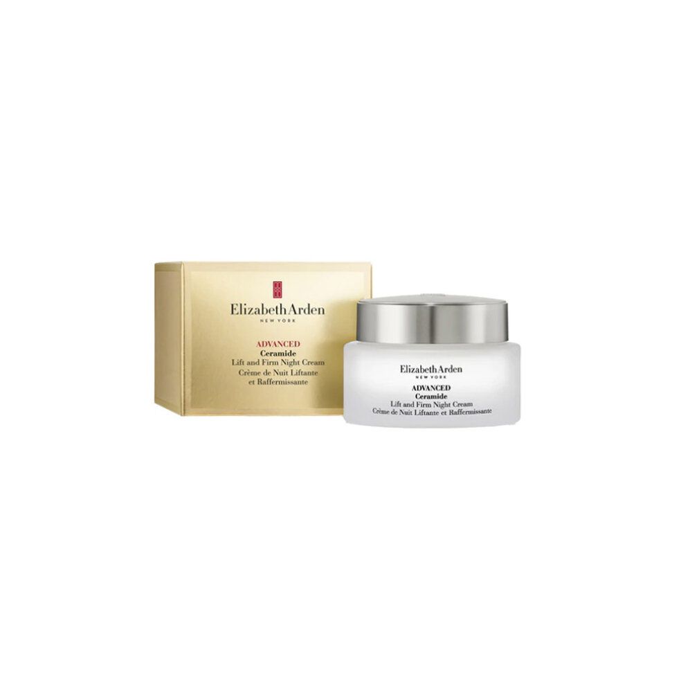 Creme-Glas und Schachtel. Elizabeth Arden Advanced Ceramide Lift and Firm Night Cream.