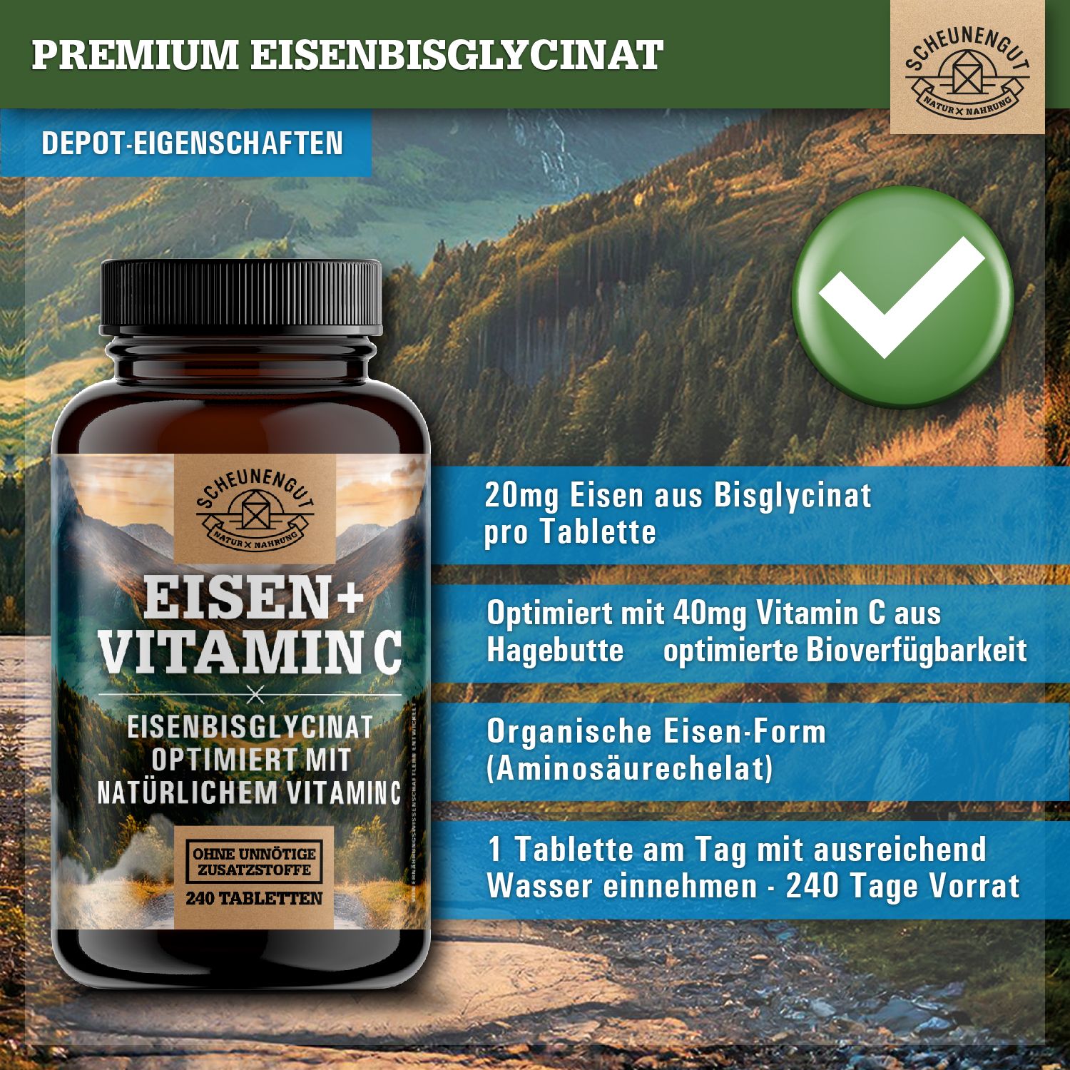 Scheunengut® Eisen Bisglycinat + natürliches Vitamin C hochdosiert | 240 vegane Eisentabletten