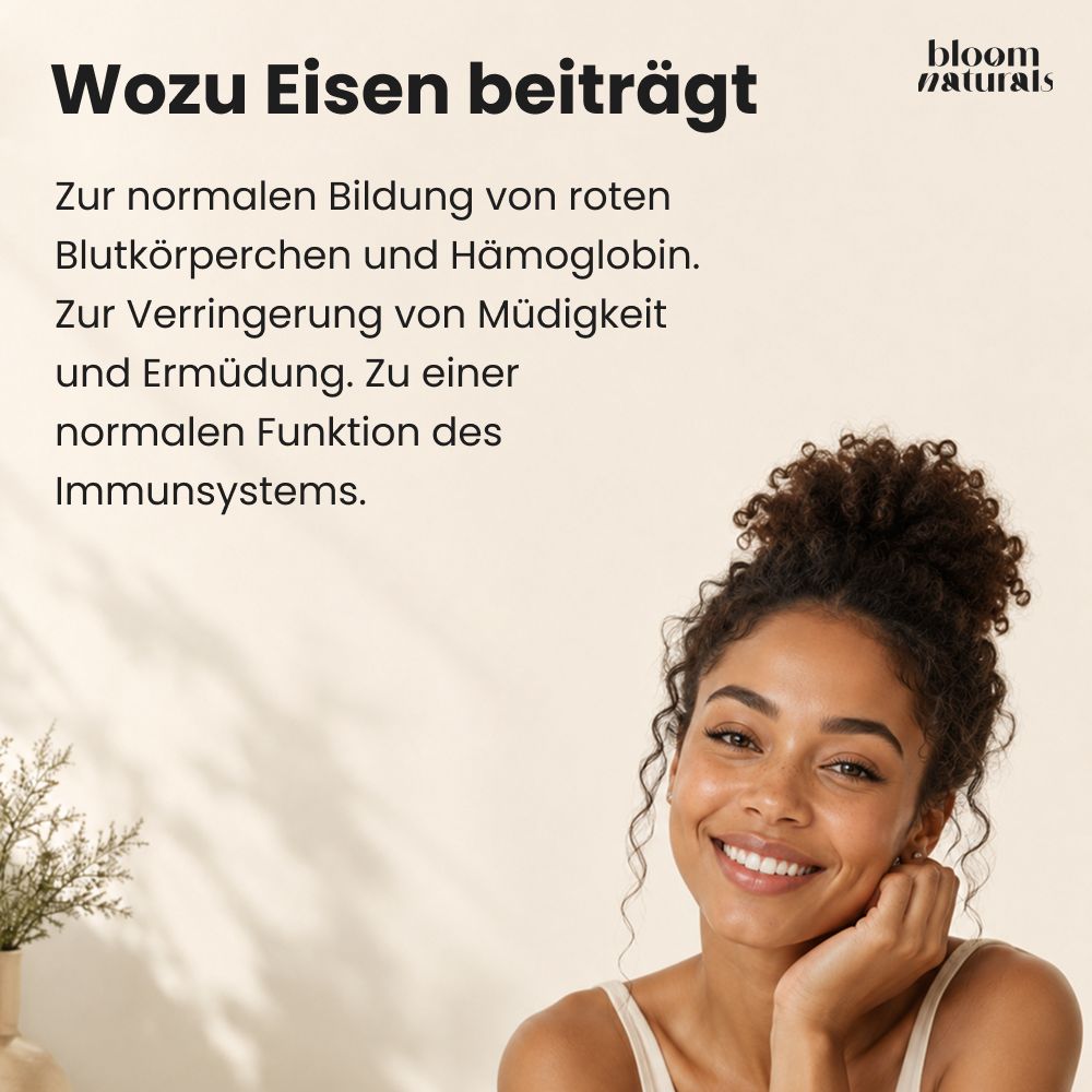 Frau lächelt. Eisen trägt zur normalen Bildung von roten Blutkörperchen bei.