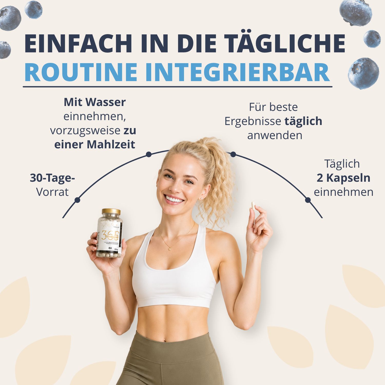 Frau hält Immuno365 Flasche, integriert in tägliche Routine, 2 Kapseln täglich.