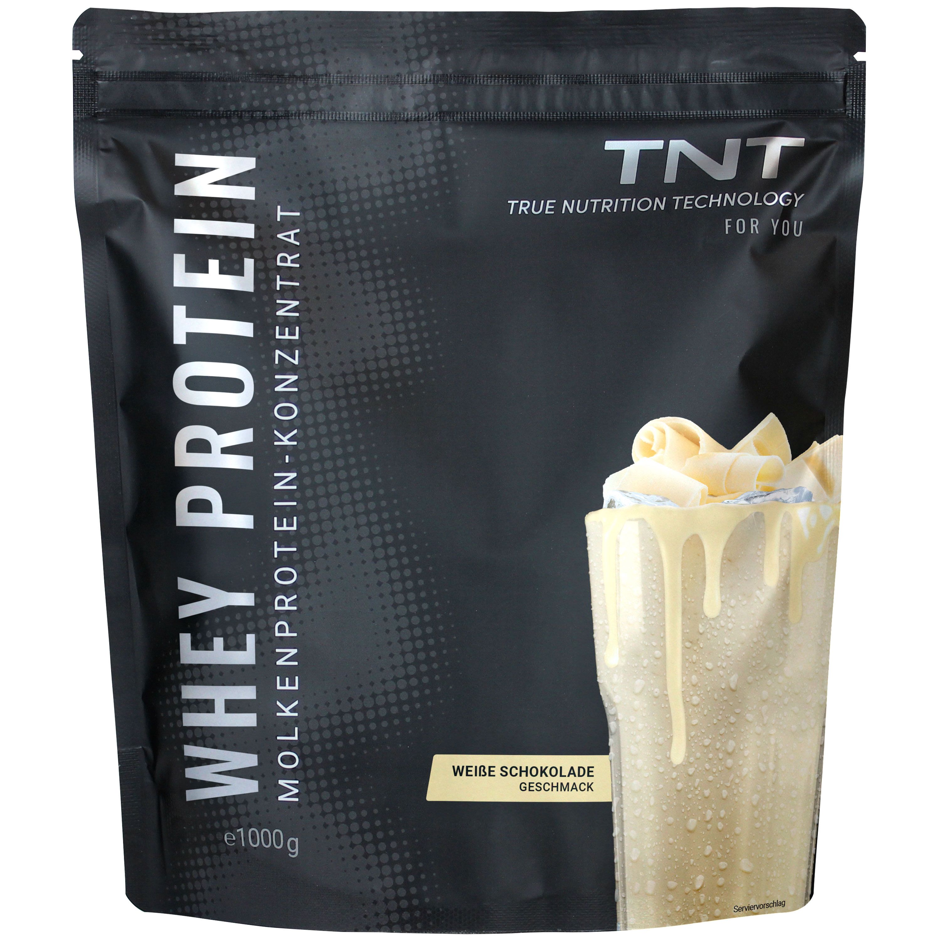 Schwarze Tüte mit TNT Whey Protein Konzentrat. Aufgedruckt: "Weiße Schokolade Geschmack". Daneben ein Glas mit Shake.