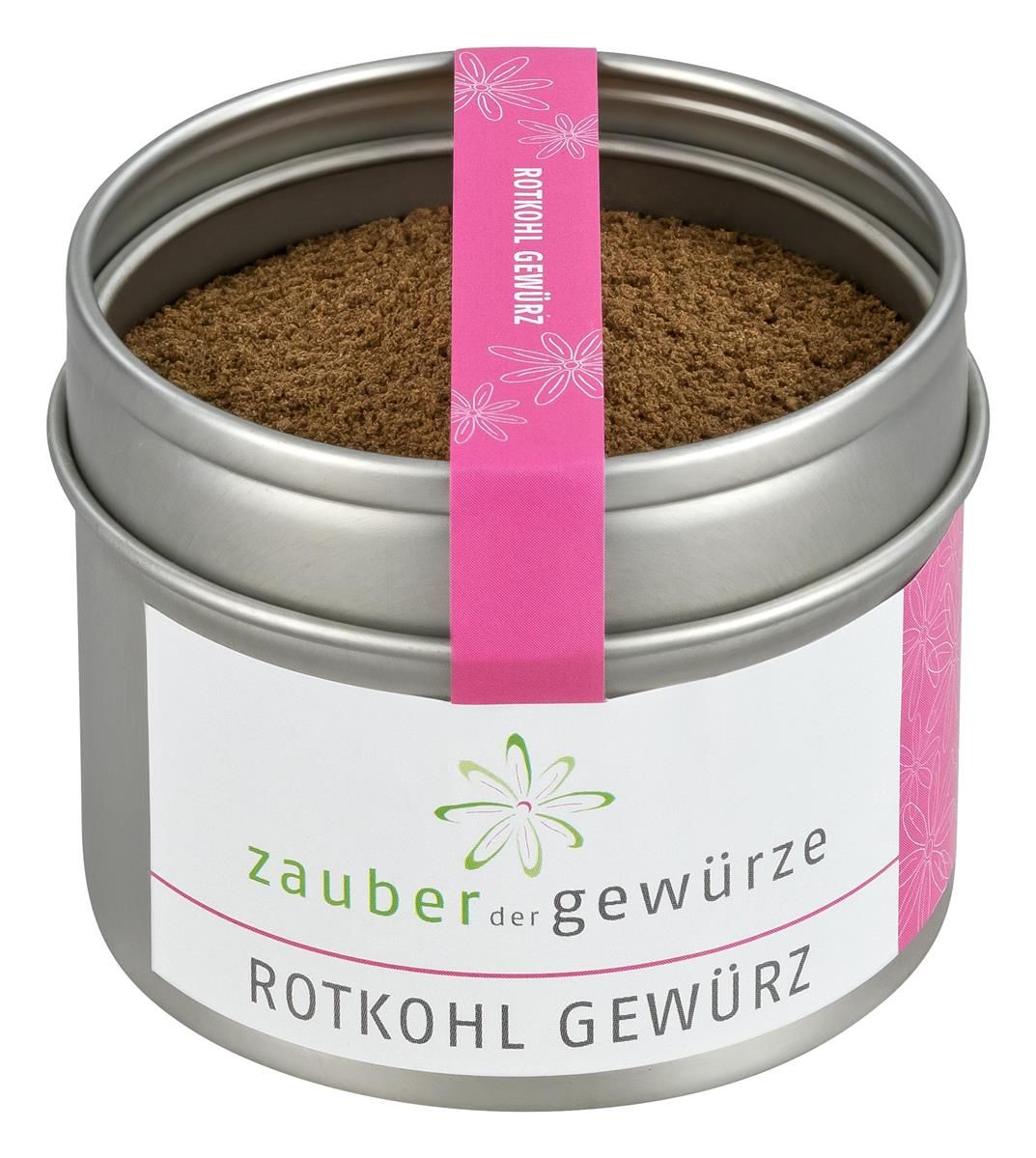 Runde Dose mit Gewürzmischung. Weißes Etikett mit Schriftzug: Zauber der Gewürze Rotkohl Gewürz. Rosa Band mit Schriftzug.