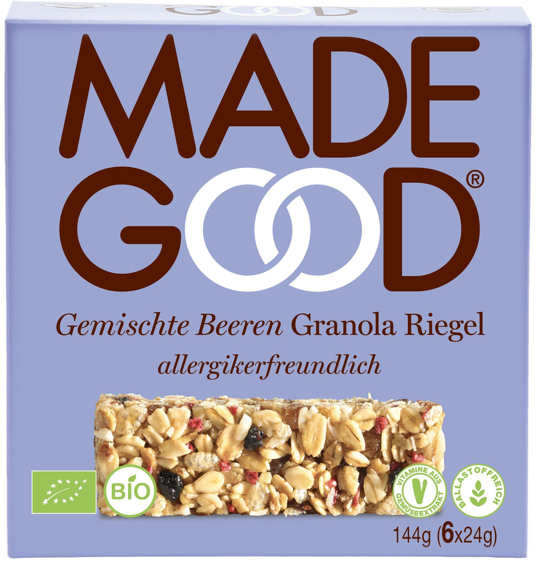 Verpackung mit Made Good Granola Riegeln. Aufschrift: Gemischte Beeren, allergikerfreundlich. Bio-Siegel und weitere Kennzeichnungen.