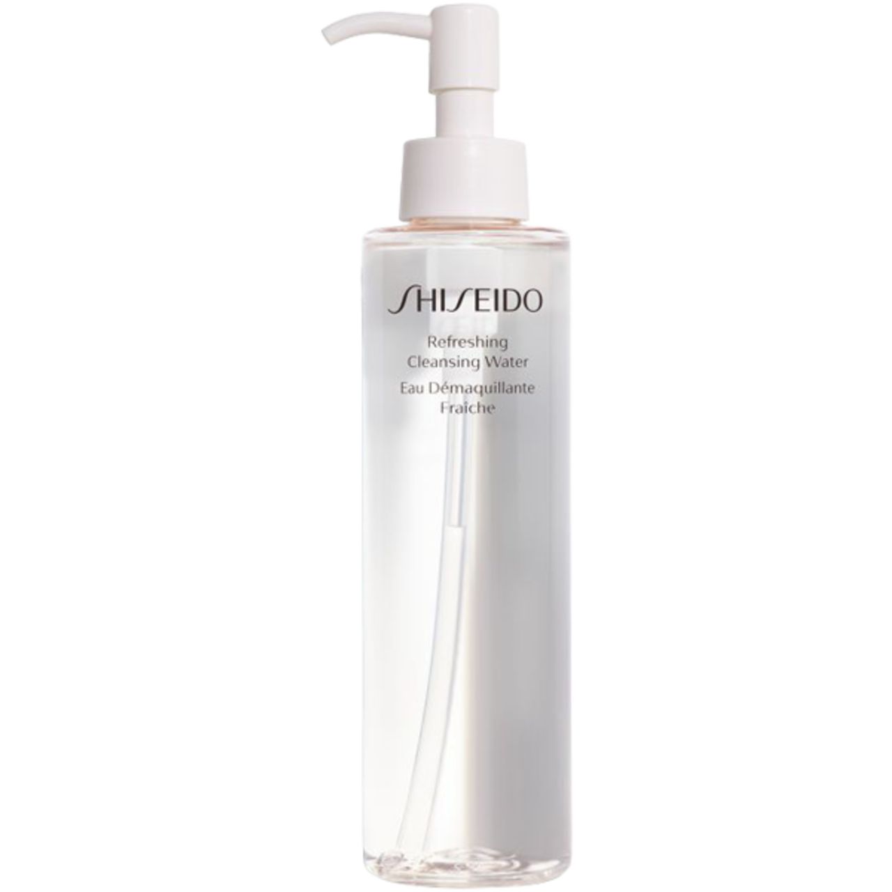 Transparente Flasche mit weißem Pumpkopf. Beschriftung: Shiseido, Refreshing Cleansing Water, Eau Demaquillante Fraiche.