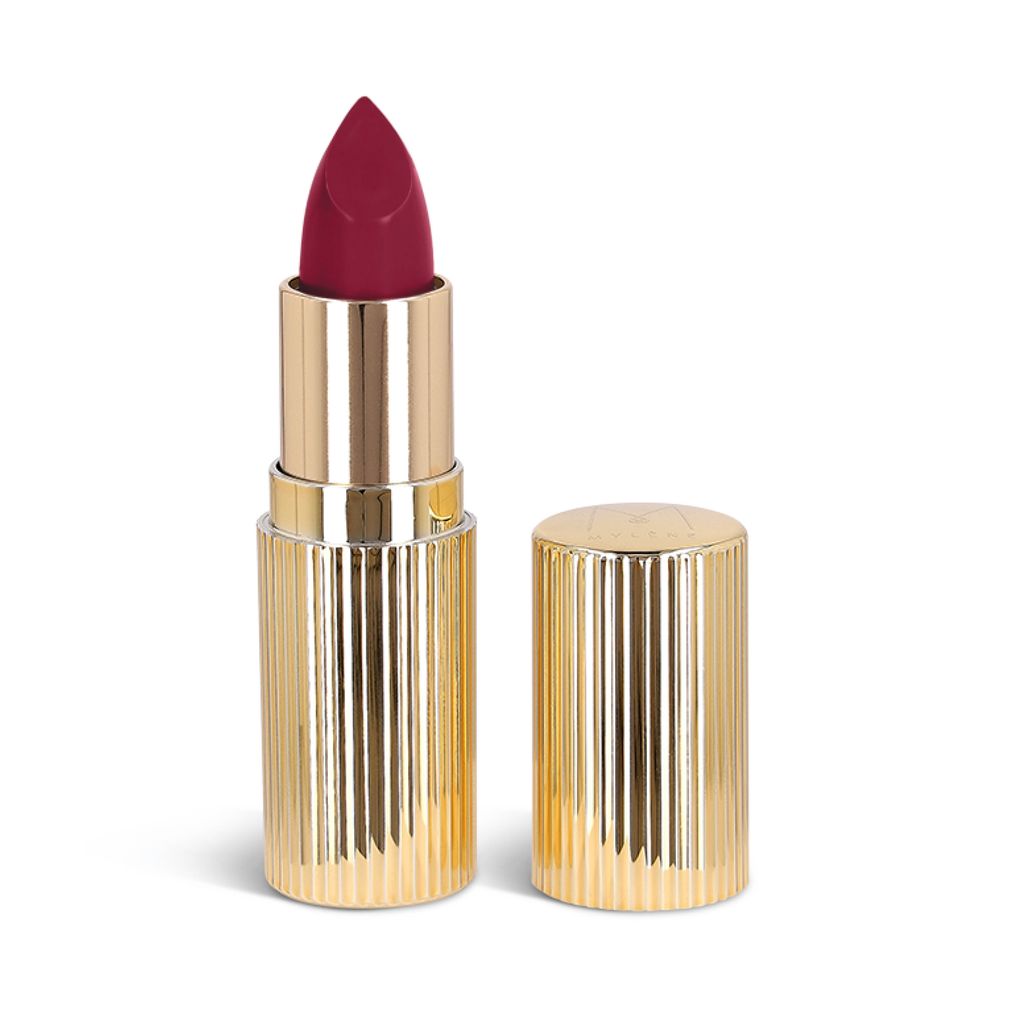 Offener Lippenstift in goldener Hülse. Farbe: Burgunderrot. Form: zylindrisch.