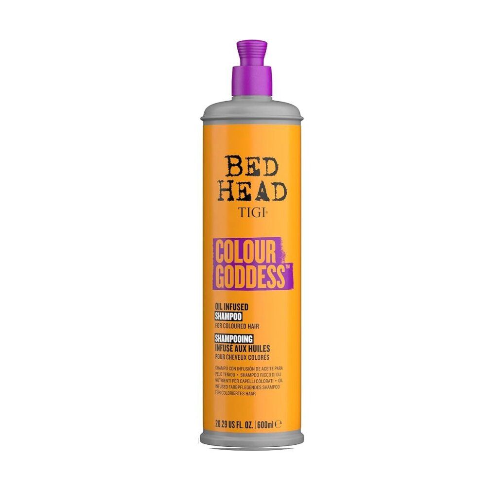 Gelb-orangene Shampoo-Flasche mit lila Verschluss. Aufschrift: Bed Head Tigi Colour Goddess. Öl-Shampoo für coloriertes Haar.