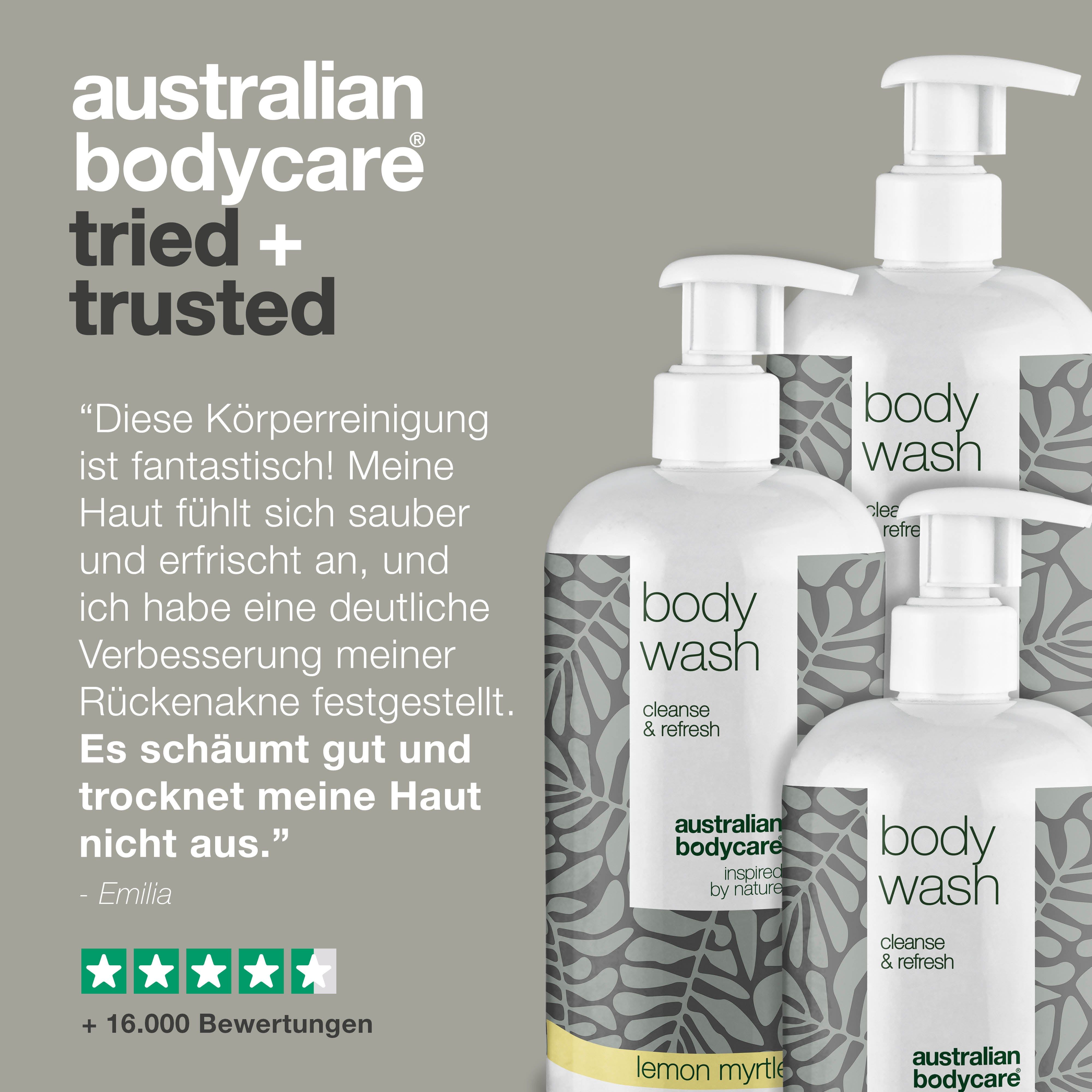 4 Flaschen body wash. Text: Diese Körperreinigung ist fantastisch! +16.000 Bewertungen. Marke: Australian Bodycare.