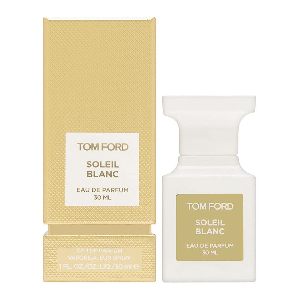 Weiße Flasche und goldfarbene Verpackung. Aufschrift: Tom Ford Soleil Blanc Eau de Parfum 30 ml. Flasche mit weißem Verschluss.