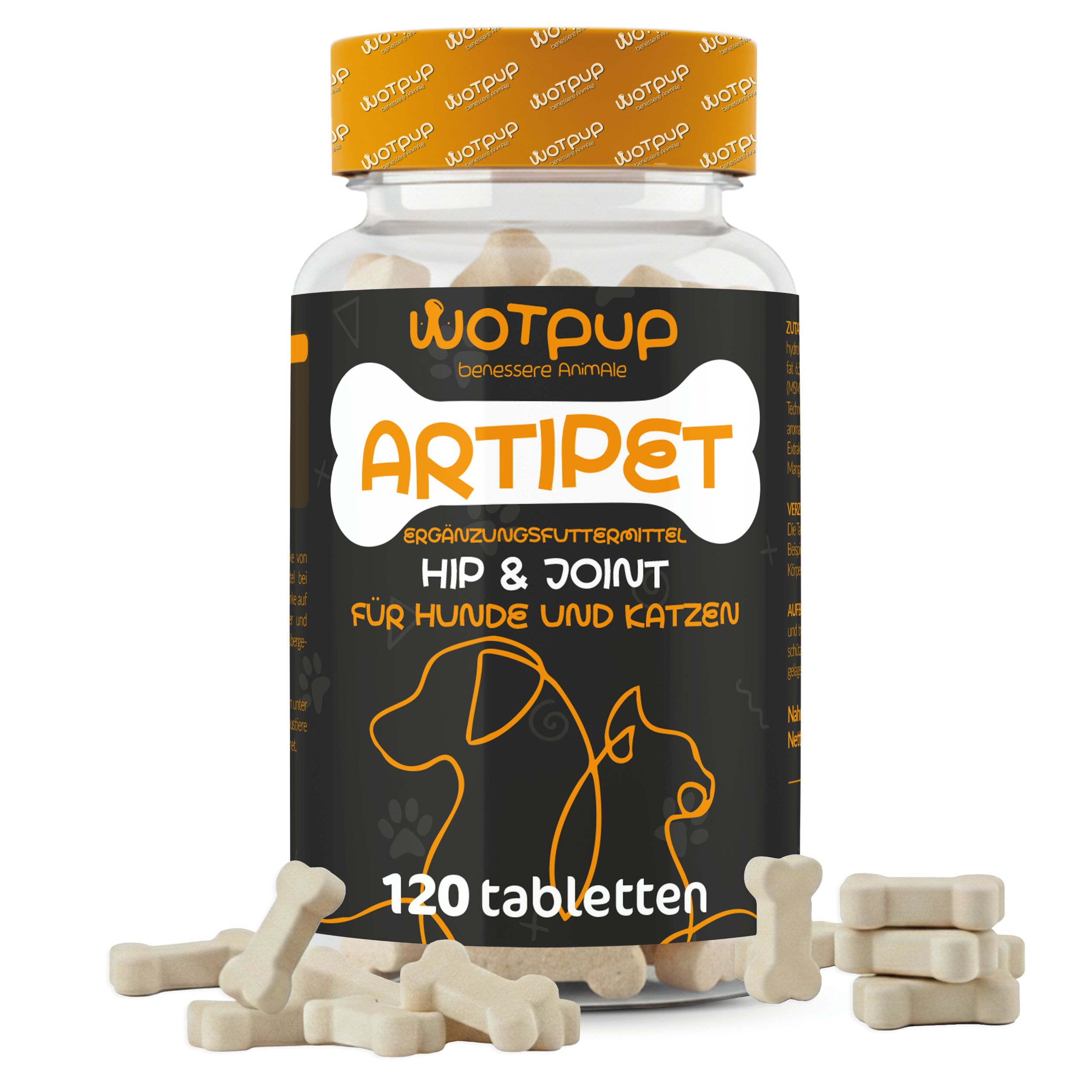 Dose mit Tabletten in Knochenform. Aufschrift: Artipet, Hip & Joint für Hunde und Katzen. 120 Tabletten.