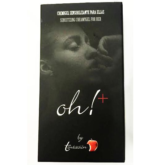Schwarze Verpackung mit "oh!+" Schriftzug und einem Apfel-Logo. Text: "CREMIGEL SENSIBILIZANTE PARA ELLAS".