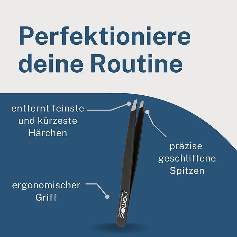 Schwarze REMOS Pinzette mit ergonomischem Griff und präzise geschliffenen Spitzen zum Entfernen feinster Härchen.