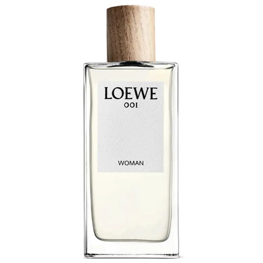 LOEWE 001 WOMAN Eau de Parfum Flakon. Rechteckige Flasche mit Holzverschluss.