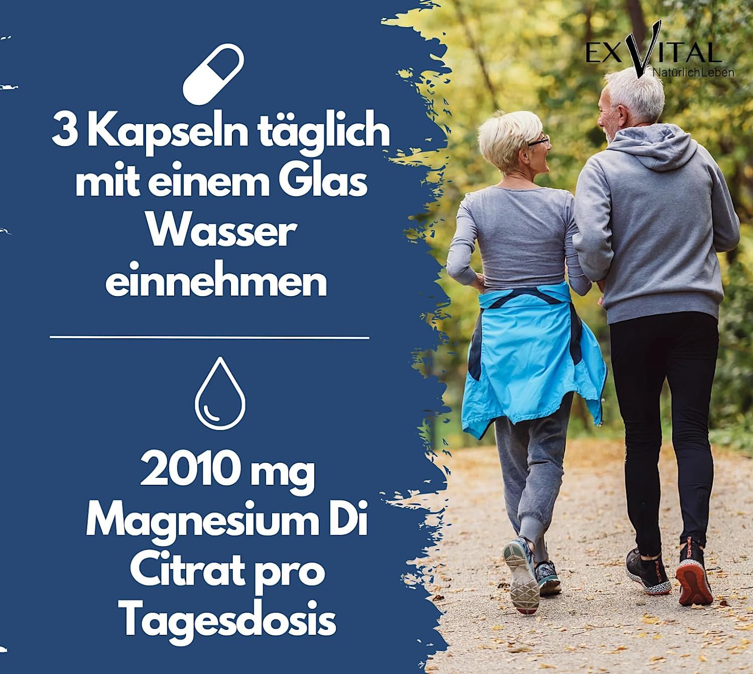 Älteres Paar läuft im Freien, Einnahmeempfehlung: 3 Kapseln täglich mit Wasser.