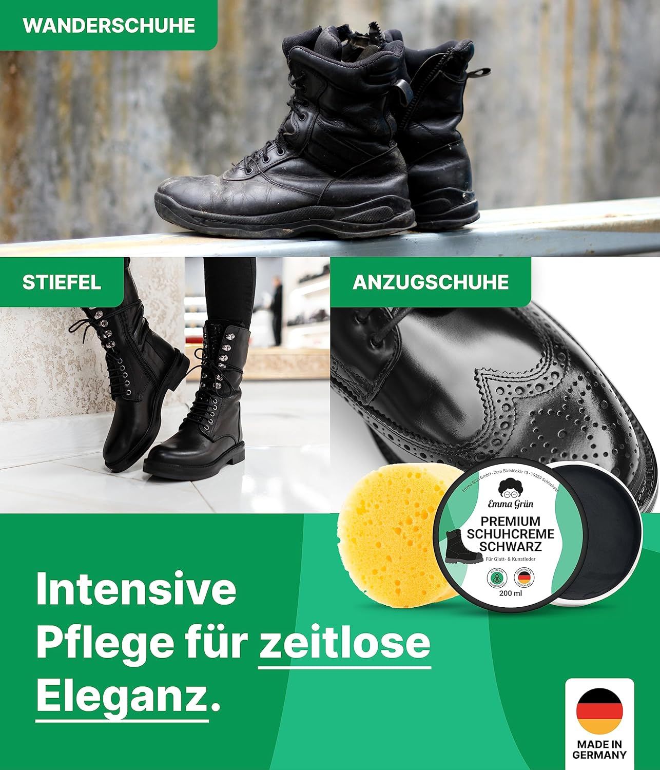 Emma Grün® Schuhcreme schwarz inkl. wiederverwendbarem Schwamm