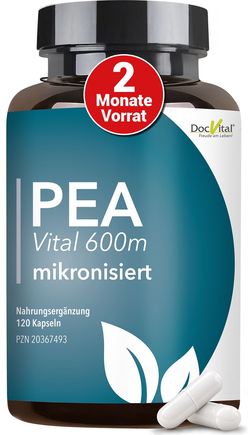 Flasche mit 120 Kapseln PEA Vital 600m mikronisiert. Nahrungsergänzungsmittel.