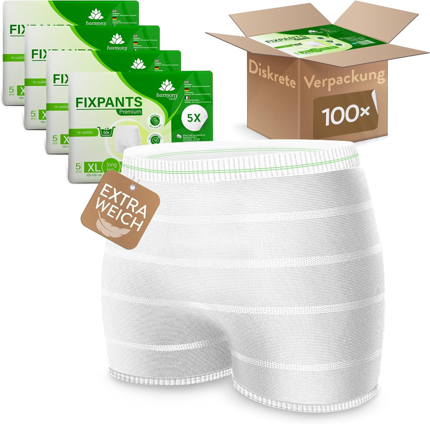 Mehrere Packungen Fixpants Premium und eine offene Kartonbox mit 100 Stück. Eine weiße Netzhose liegt vorne.
