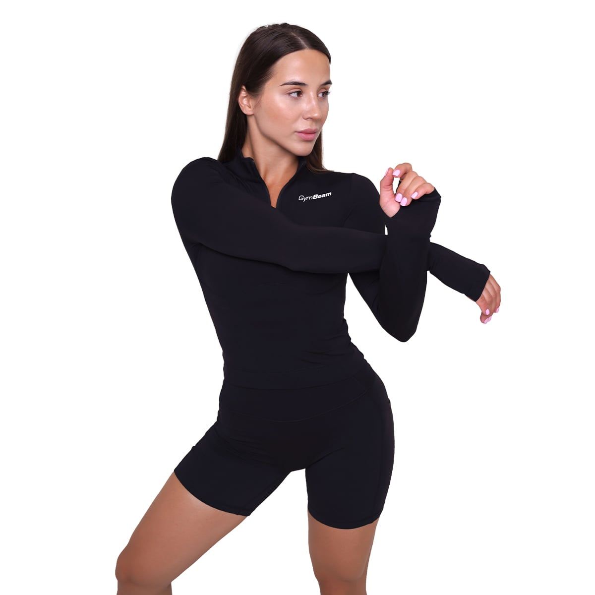 GymBeam Sport-Top Damen Ignite körpernah mit Kragen und Langarm in Schwarz