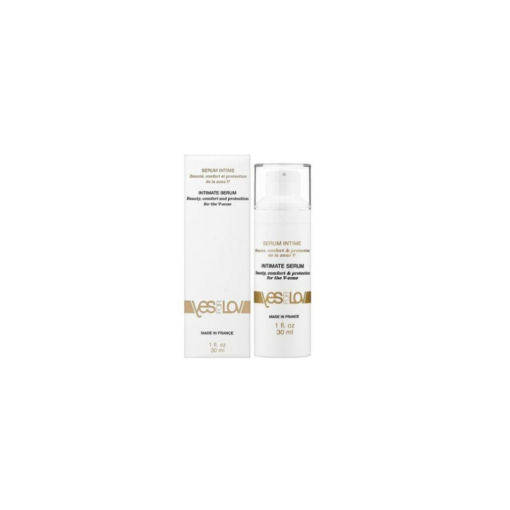 Weißes Serum und Verpackung. Beschriftung: Serum Intime, Intimate Serum, YESforLOV. 1 fl. oz. 30 ml. Hergestellt in Frankreich.