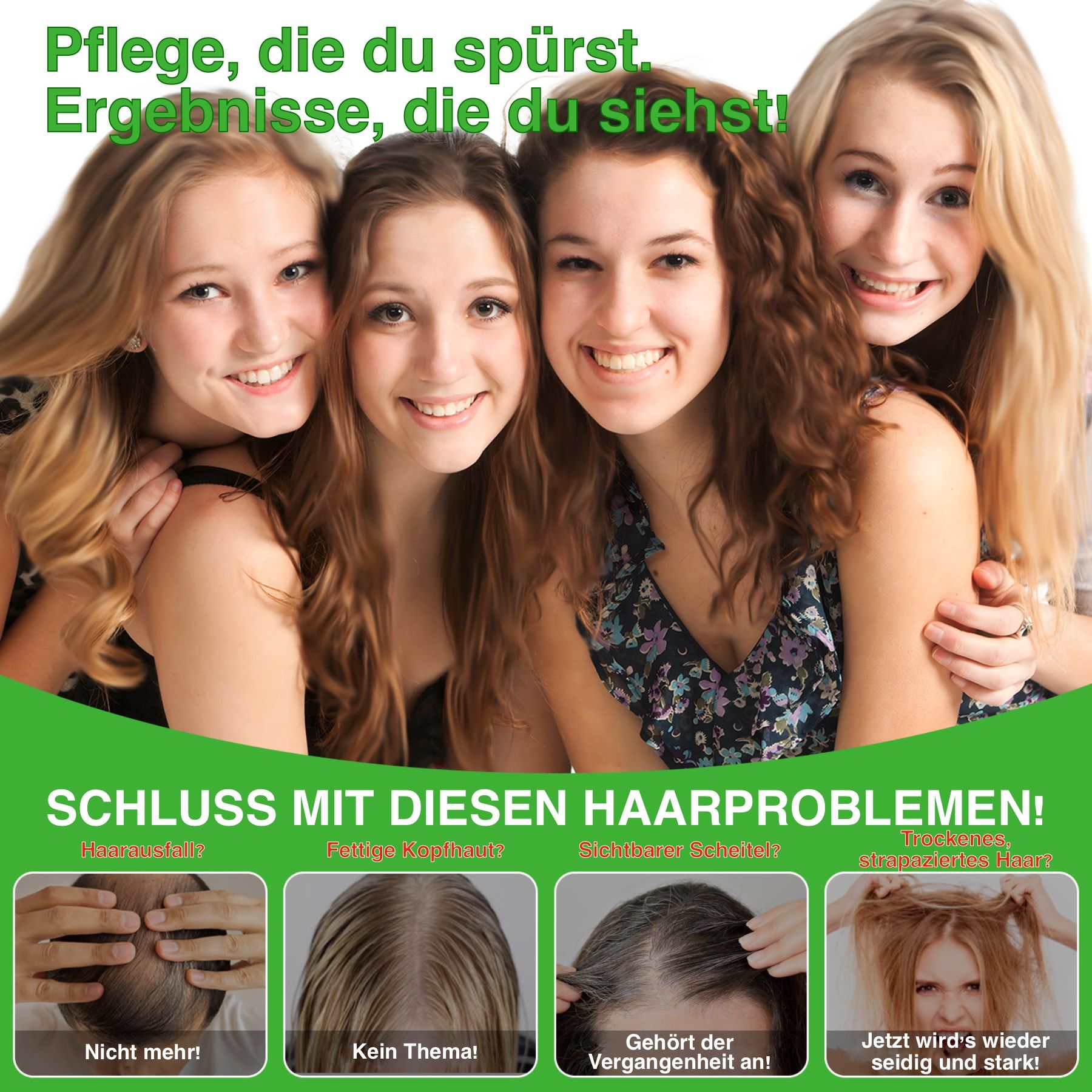 Vier junge Frauen mit gesunden Haaren. Grafiken zeigen Lösungen für Haarprobleme: Haarausfall, dünnes Haar, Schuppen, Frizz.