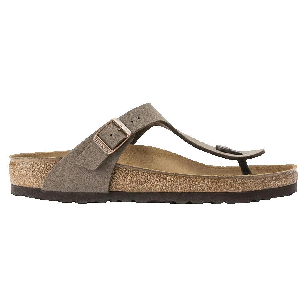 Sandalo Birkenstock Gizeh beige, fibbia. Plantare in sughero. Vista laterale.