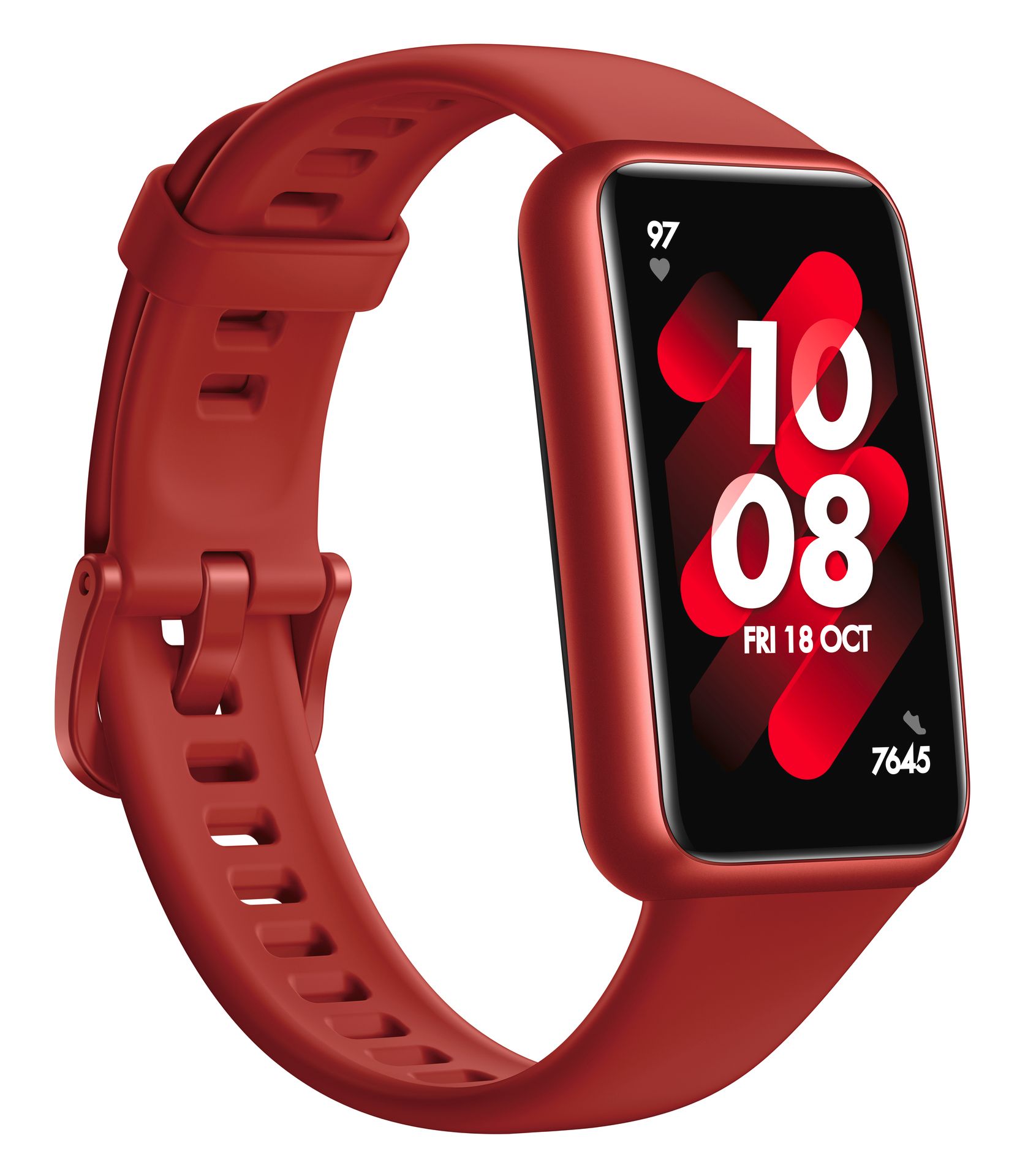 Rote Fitnessuhr mit rechteckigem Display. Zeigt Uhrzeit und Datum an. Rotes Armband mit Lochmuster und Dornschließe.