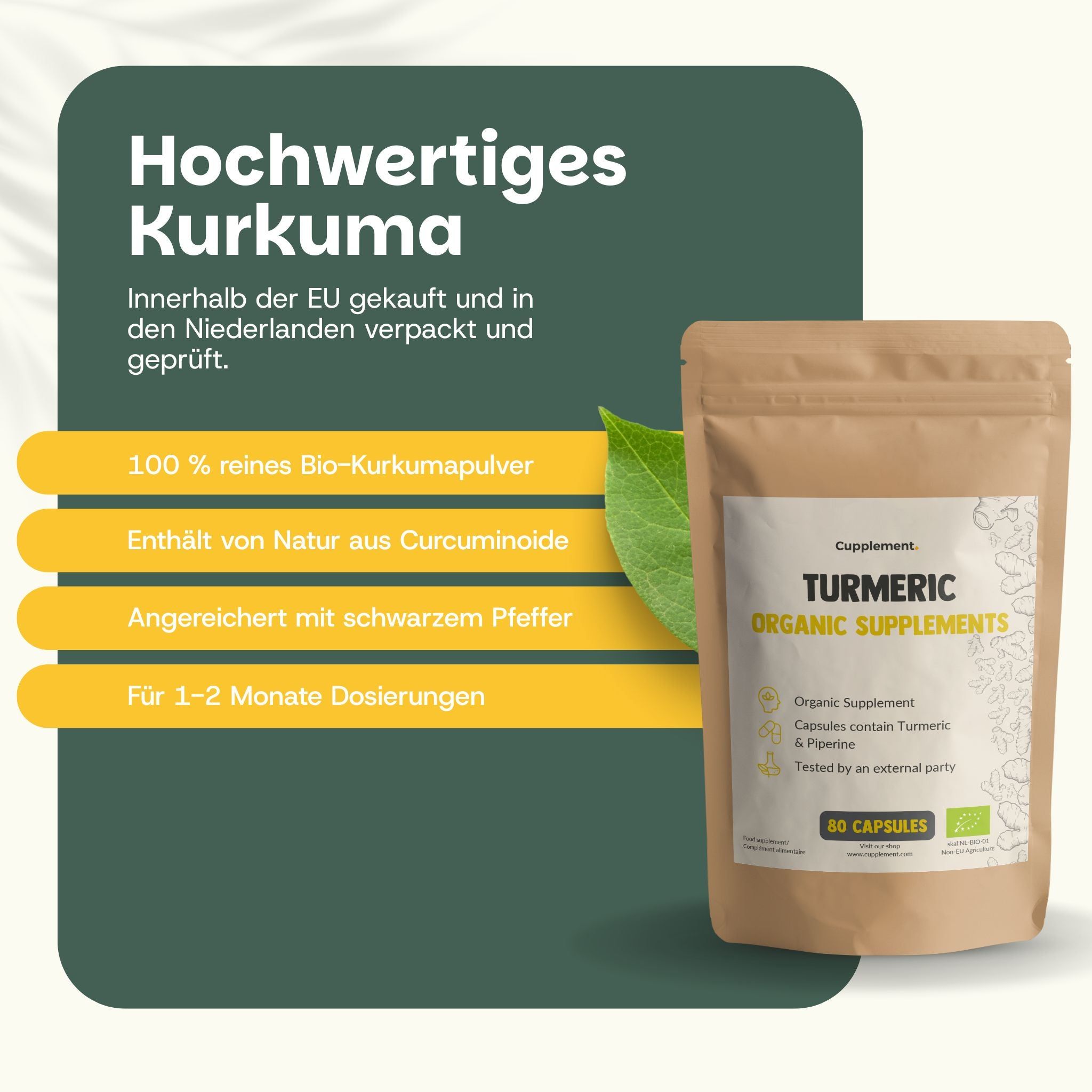 Eine gelbe Kapsel mit Kurkumapulver. Text: 100% natürlich, keine Füllstoffe, vegane Kapsel, Bio.