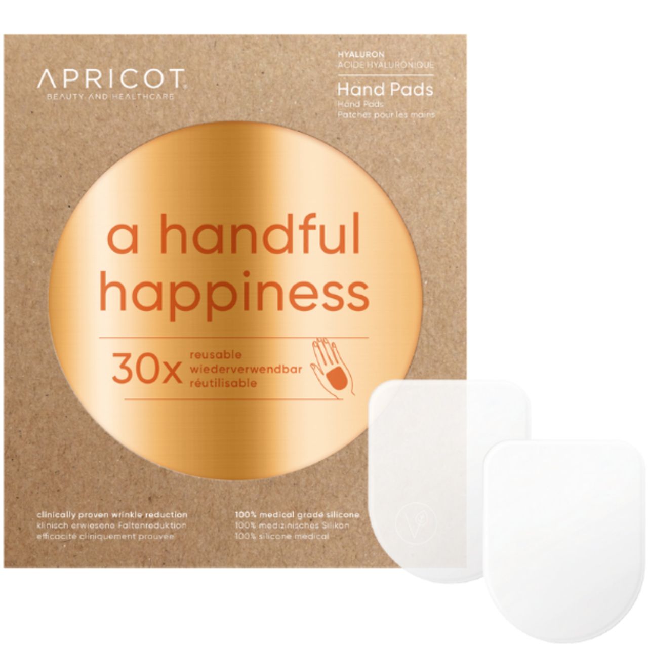 Verpackung mit Handpads. Aufschrift: Apricot, a handful happiness, 30x, Hand Pads.