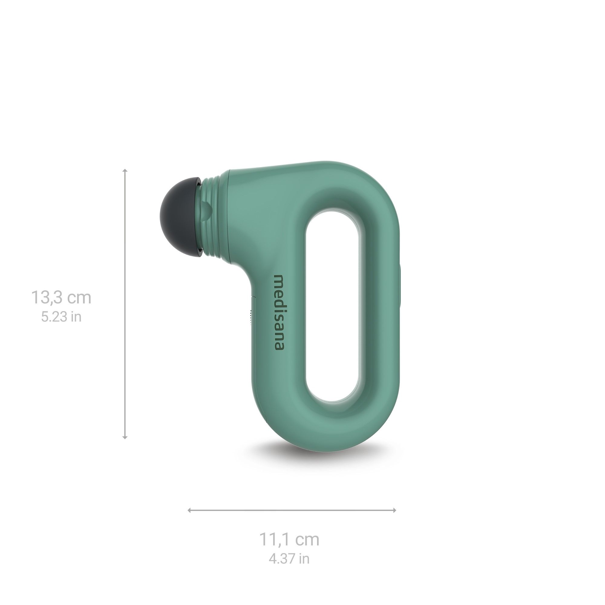 Groene massager met 3 opzetstukken. Tekst: medisana.