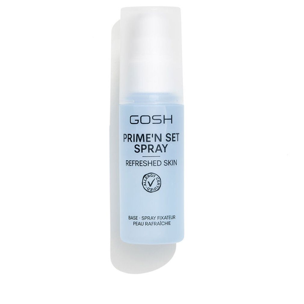 Sprühflasche mit Produktbezeichnung PRIME'n SET SPRAY und Logo. Vegan-Siegel.