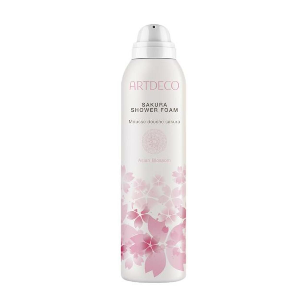 Weißes, zylindrisches Produkt mit Sprühkopf. Aufschrift: ARTDECO, Sakura Shower Foam. Rosa Kirschblüten-Dekor.
