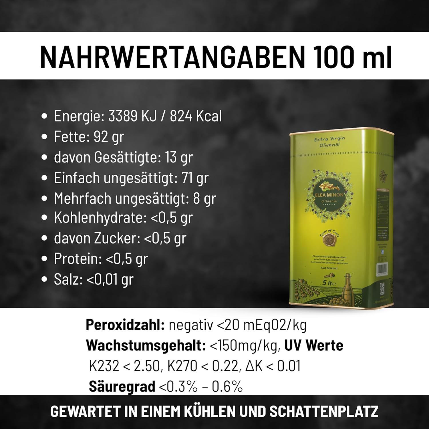 Nährwertangaben für natives Olivenöl, mit Kanister.