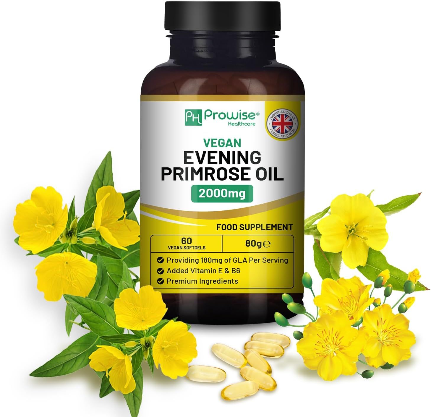 Braune Flasche mit Prowise Vegan Evening Primrose Oil 2000mg. 60 vegane Softgels. Mit gelben Blüten und Softgels.