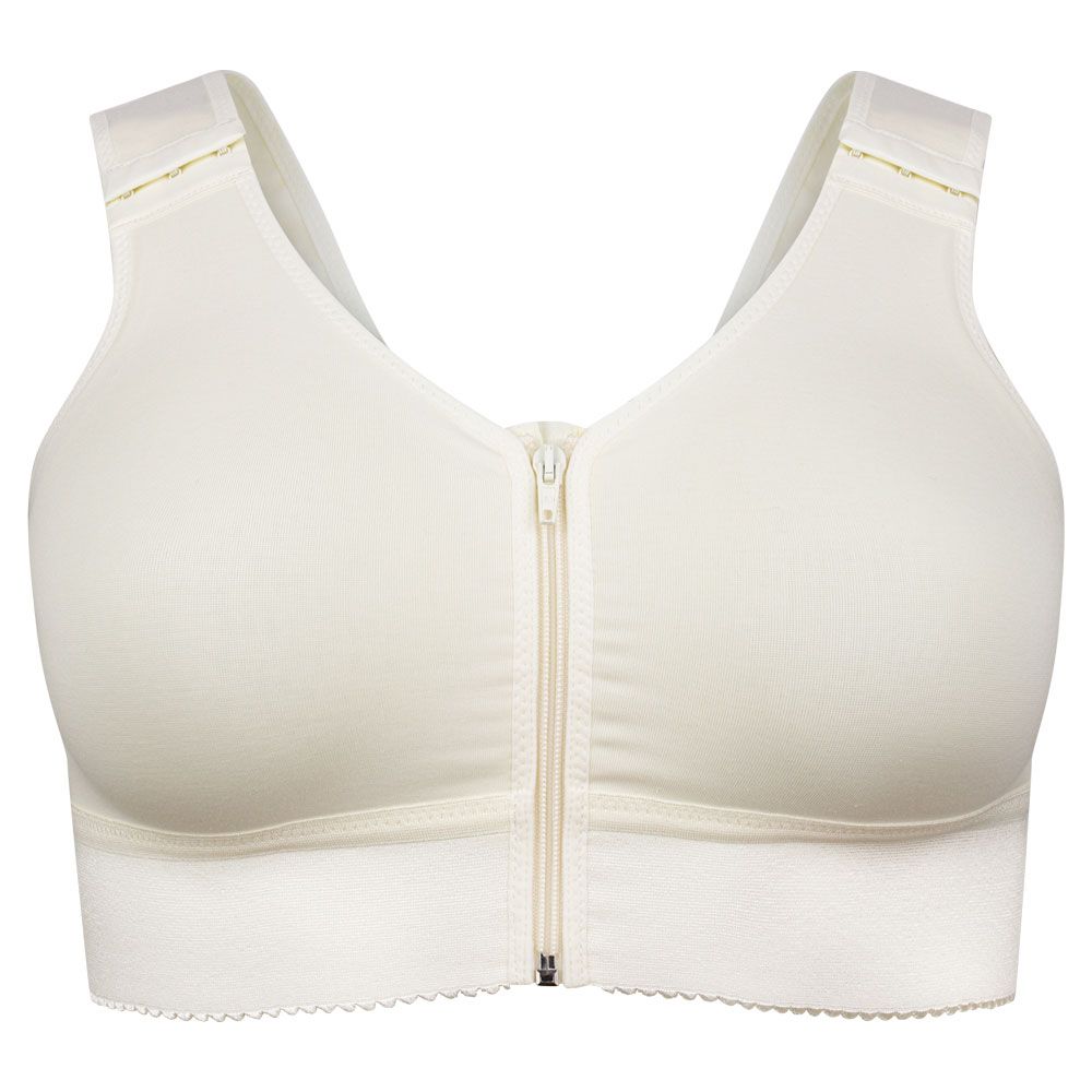 Beigefarbener Kompressions-BH mit Reißverschluss vorne. Breite Träger, nahtloser Stoff. Unterbrustbereich mit Wellenmuster.