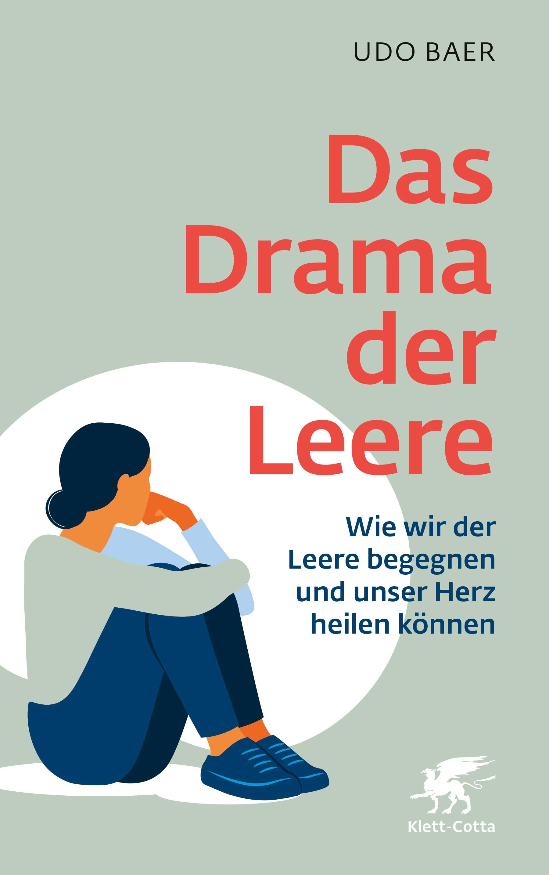 Buchcover: Titel "Das Drama der Leere". Autor Udo Baer. Abbildung einer Person, die auf dem Boden sitzt.
